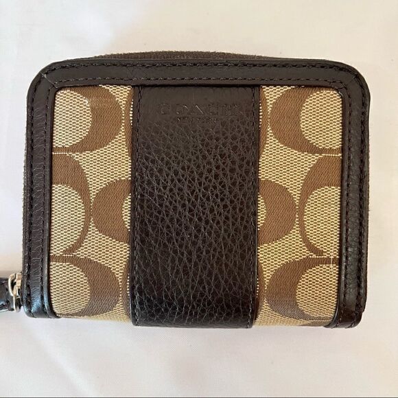 Coach Wallet Brown Parker Signature Leather Trim Zip Around Multifunction Pocket - Picture 1 of 8